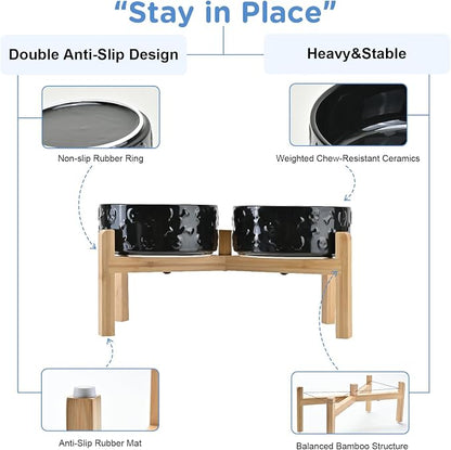 SPUNKYJUNKY Elevated Dog Bowls Ceramic, 7.3'' Dogs Food Water Bowls Raised with Non-Slip Bamboo Stand for Medium to Large Sized Breed Microwave Dishwasher Safe - 42 OZ,Skull Black