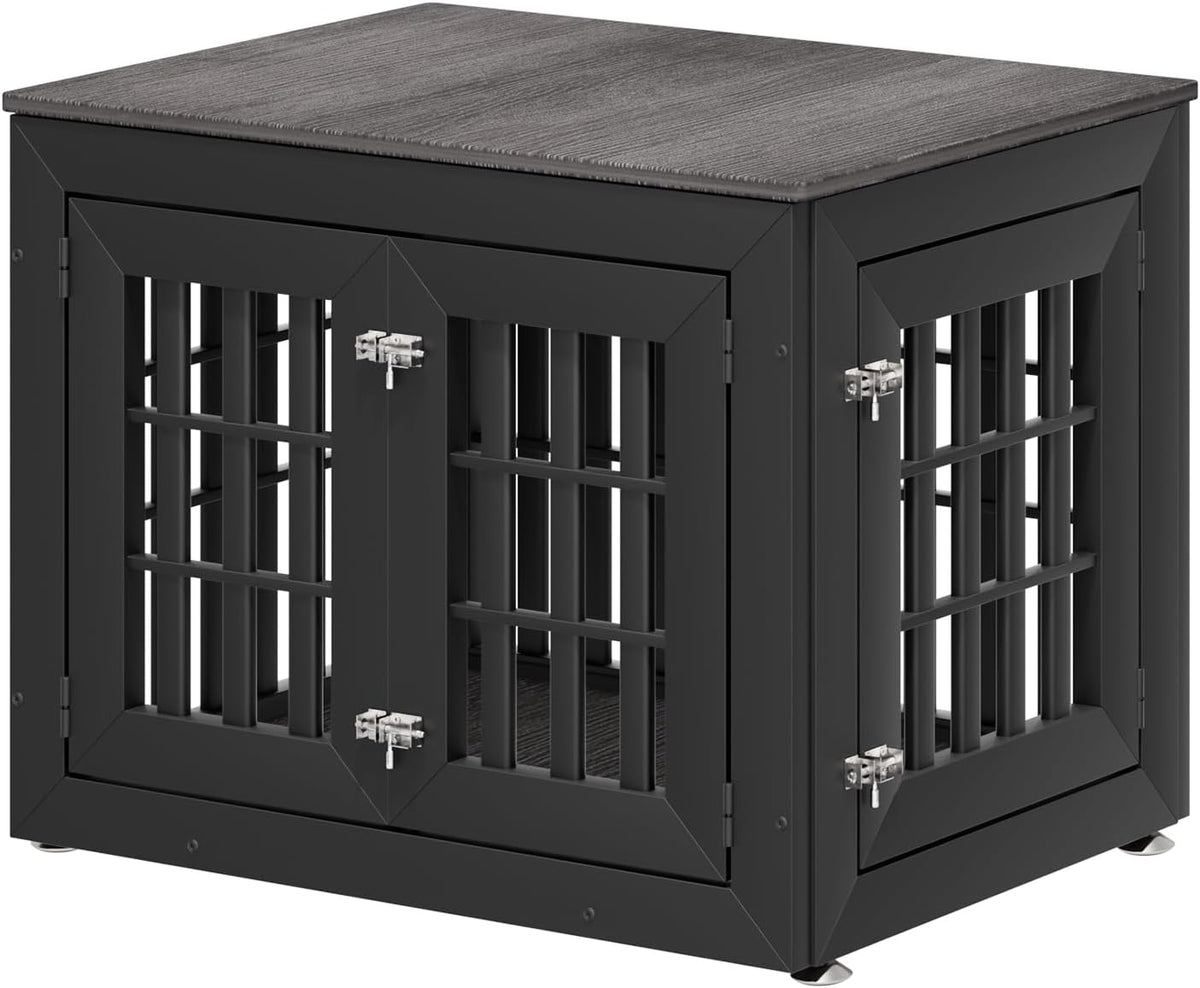 32" Heavy Duty Dog Crate Furniture for Small,Medium and Large Dogs,Rustic Wooden Dog Cage Kennel Indoor Furniture with Waterproof Top,Decorative Pet House Side End Table (Black & Grey)