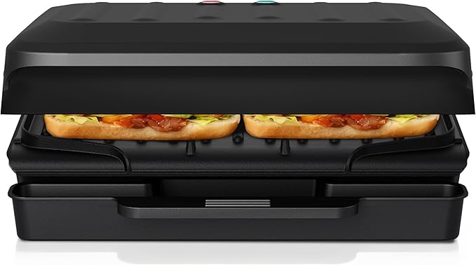 2-Serving Electric Grill and Panini Press, Tough Non-Stick Coating, Drip Tray