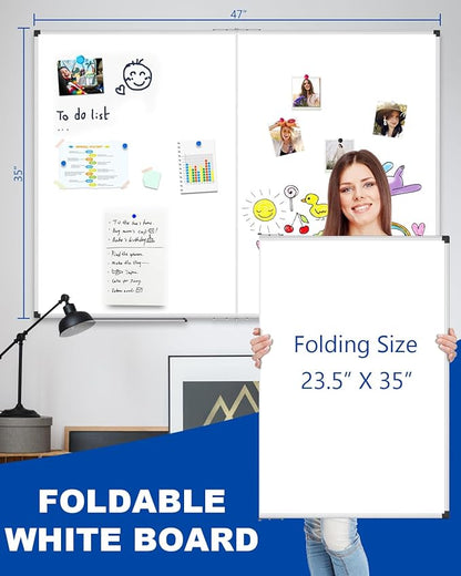 XBoard Magnetic Dry Erase Board 48 x 36 Inch, 4' x 3' Foldable White Board for Wall with Marker Tray, Silver Aluminum Frame Folding Message Presentation Board