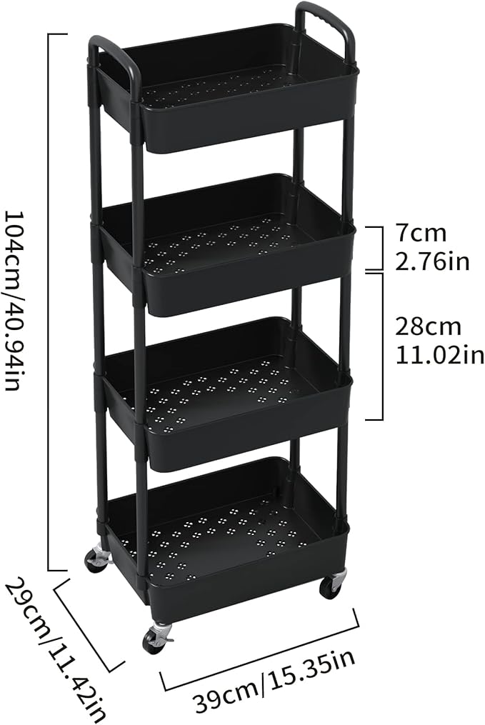Sywhitta 4-Tier Plastic Rolling Utility Cart with Handle, Multi-Functional Storage Trolley for Office, Living Room, Kitchen, Movable Storage Organizer with Wheels, Black