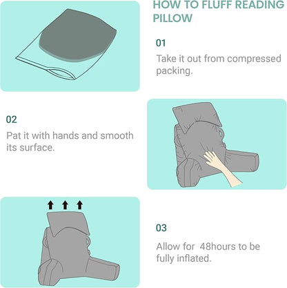 Unisakey Portable Reading Pillows with Headrest for Bed Sitting Up(Lake Blue Oeko-Tex), Velvet Back Pillow with Arms & Pockets for Adults, Support Memory Foam Bed Pillow for Dorm/Watching/Gaming