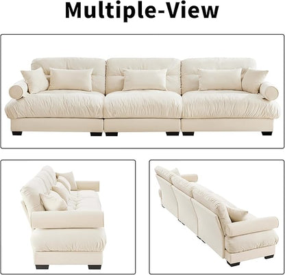 130" Oversized Couch, 3 Seater Modular Sectional Sofa, Beige White Large Sectional Couches for Living Room, Fluffy Couch Set, 3 Seater Velvet Cloud Couches with 5 Pillows, Deep Seat for Living Room