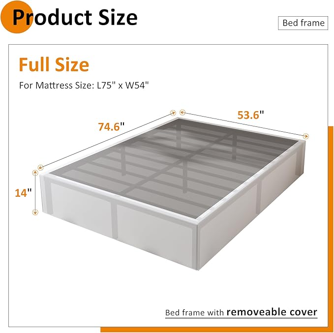 14 Inch Full Bed Frame with White Fabric Cover, Heavy Duty Metal Bed Frame Full, No Box Spring Needed, Support Up to 3000 lbs, Easy Assembly, Noise Free, Black