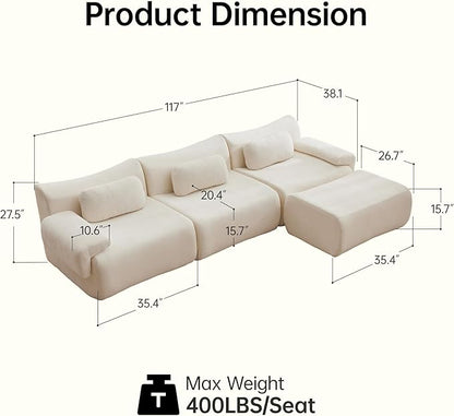 117”L Shaped Modern Sofa Modular Sectional Cloud Couch with Ottoman,Oversized Boneless Sofa,3+1 Seater Chenille Deep-Seat Sofa with 3 Pillows,Suitable for Living Room or Bedroom(White)
