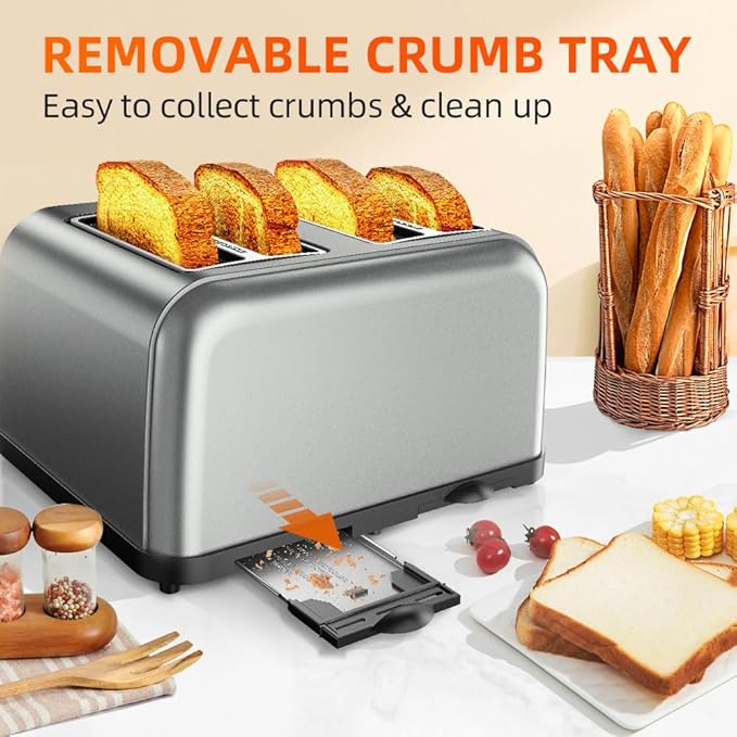 Grey Toaster 4 Slice, Dual Independent Controls, Extra Wide Slot Toasters