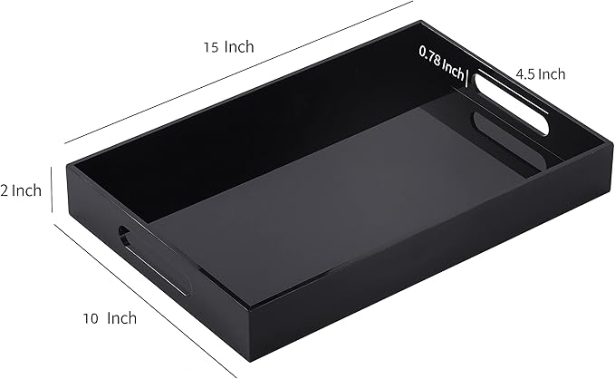 Black Oversize Acrylic Serving Tray with Handles 10x15 Inch -Spill Proof- Decorative Trays Countertop Organizer for Ottoman,Nightstand, Sidetable, Butler (10X15 Inch, Black)