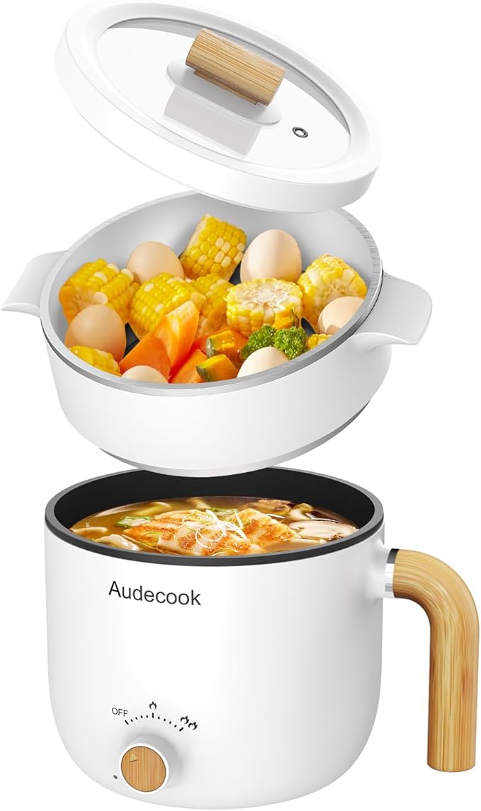 Audecook Hot Pot Electric with Steamer, 1.5L Portable Nonstick Rapid Noodles