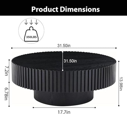 Round Coffee Table, Handcrafted Fluted Drum Coffee Tables Modern Wood Coffee Table Circle Drum Center Table for Living Room, Apartment (Round Black)