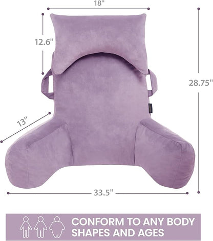 Unisakey Portable Reading Pillows with Headrest for Bed Sitting Up(Lavender Purple Oeko-Tex), Velvet Back Pillow with Arms & Pockets for Adults, Support Memory Foam Bed Pillow for Dorm/Reading/Gaming