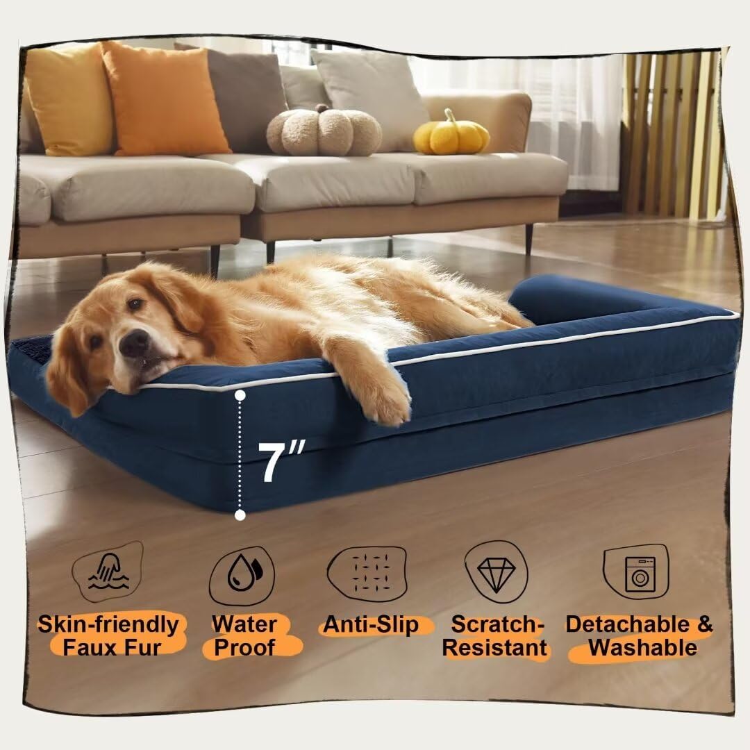 Large Dog Bed Orthopedic Washable | Beds Bolster Pet | XL Large Big Dogs | Memory Foam Couch Sofa | Waterproof with Removable Cover | Navy Blue Dog Bed