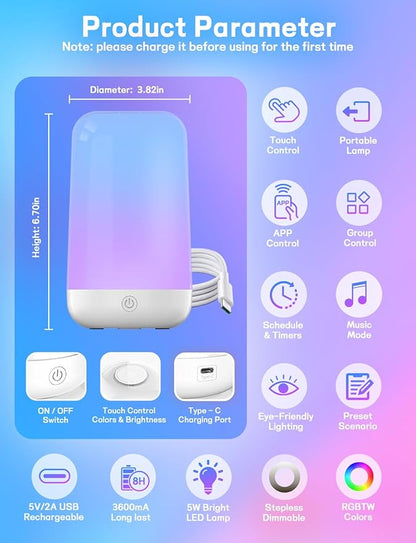 Smart Touch Bedside Table Lamp [Multi-Color & Warm Lights], 3600mA Cordless Small Table Lamp Rechargeable, 7 Colors & Fully Dimmable LED Night Lights for Bedroom Nightstand Nursery Living Room