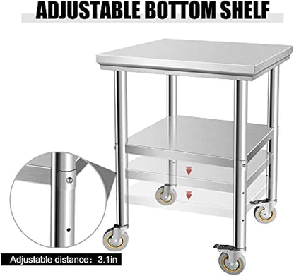 Stainless Steel Table - Metal Table Cart - Commercial Workbench with Caster Wheel - NSF Certified - for Restaurant, Warehouse, Home, Kitchen, Garage,24''x24''