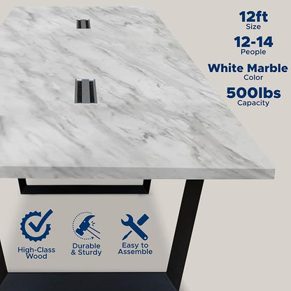 ahliss Sturdy Conference Table with Cable Management Grommets Modern Rectangle Office Meeting Table with Wood Tabletop and Metal Frame & Legs- Easy Assembly Boardroom Table (White Marble, 12 Foot)
