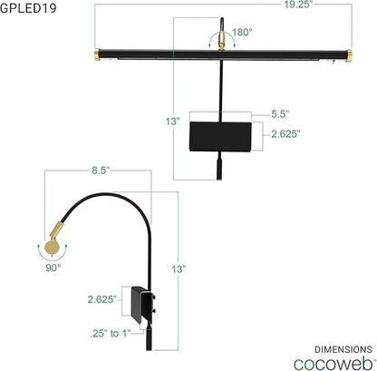 Cocoweb 19" Grand Piano Lamp - Adjustable, Black with Brass Accents, LED Clip-on with Dimmer - GPLED19D