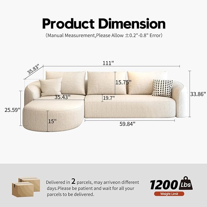 111" Modular Sectional Couches Luxury Modern Curved Back Sofa,Minimalist Comfy L-Shape Boneless Cloud Couch for Living Room Apartment,(Left Facing Chaise,White)