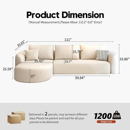 111" Modular Sectional Couches Luxury Modern Curved Back Sofa,Minimalist Comfy L-Shape Boneless Cloud Couch for Living Room Apartment,(Left Facing Chaise,White)