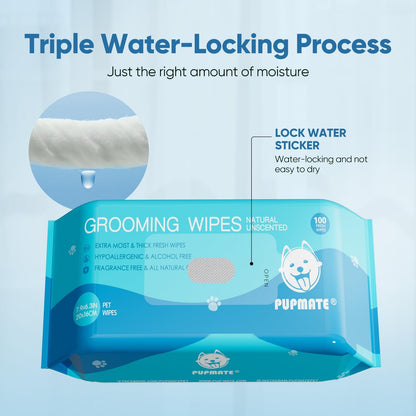 All Natural Pet Grooming Wipes, 100 Fresh Counts, Extra Moist & Thick, Natural Wipes for Dogs & Cats, Puppies & Kittens (Pack of 3)