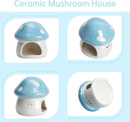 AnRui Ceramic Mushroom Aquarium Decor Cute House Betta Fish Tank Accessories Decoration Hideout Cave for Small Fish, Shrimp, Goldfish and Reptiles, Easy to Clean (Blue, Small)