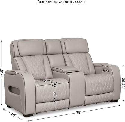 Signature Design by Ashley Boyington Contemporary Leather Match Power Reclining Loveseat with Console and USB Charging Ports, LED Lights and Adjustable Headrest, Light Gray