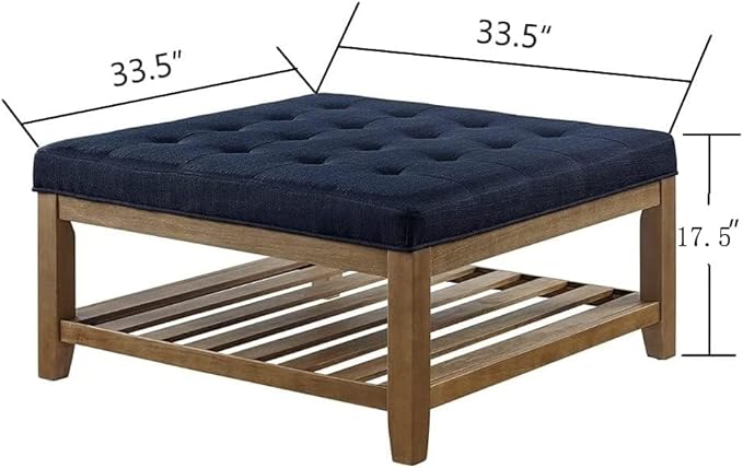 24KF Large Square Upholstered Tufted Linen Ottoman, Large Footrest Ottoman with Solid Wood Shelf- Navy Blue