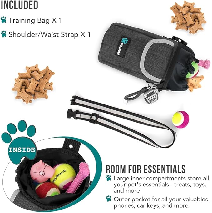 PetAmi Dog Treat Pouch, Large Pet Training Treat Pouch with Pocket, Dog Trainer Essentials Supply Holder with Poop Bag Dispenser, Training Bag for Kibbles Toys, 3 Ways to Wear (Charcoal)