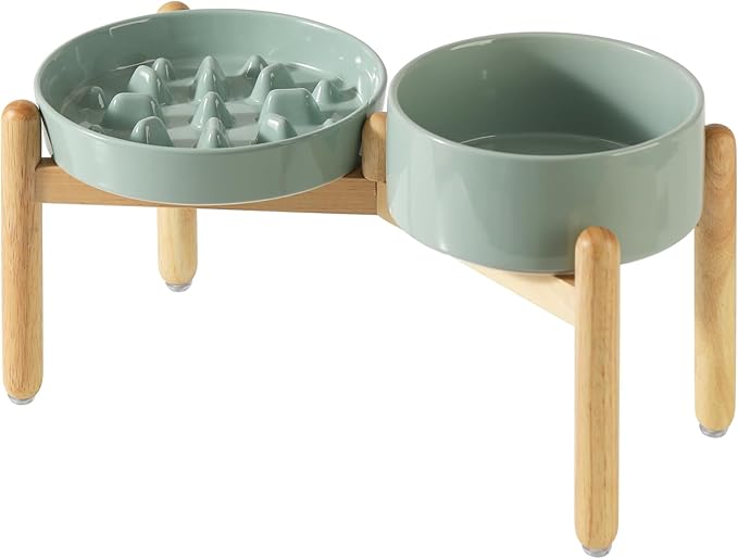Ceramic Raised Slow Feeder Dog Bowl Set, Elevated 7.3inch Bowl and 8.2inch Slow