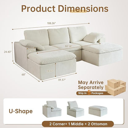 ANONER 108" Cloud Sectional Couches for Living Room, U Shaped Boneless Couch with 2 Ottomans, Deep Sleeper Sofa Chenille Touch Furniture Cloud Couch, White Beige