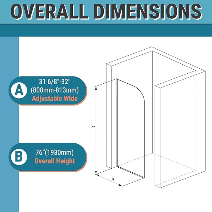 Sunrosa 32"×76" Shower Glass Panel, 8mm Thick Shower Screen, Brushed Gold