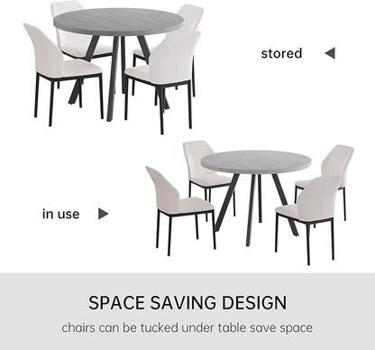 34.6'' Round Dining Table and Chairs for 4, Mid Century Modern Round Table Set, Space Saving for Apartment Kitchen Dining Room (Grey Table+4 White Chairs)