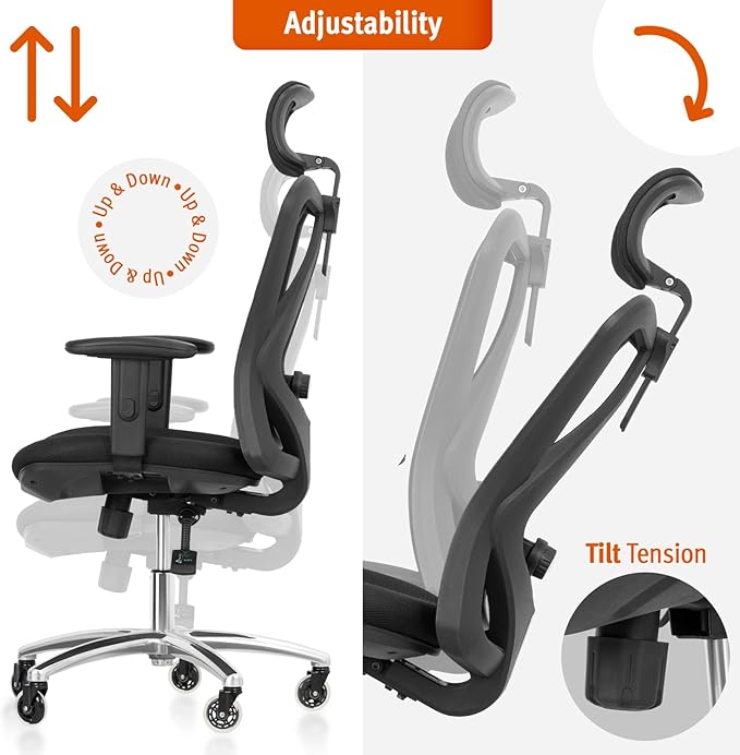 Ergonomic Office Chair - Adjustable Desk Chair with Lumbar Support and Rollerblade Wheels - High Back Chairs with Breathable Mesh - Thick Seat Cushion, Head, and Arm Rests - Reclines (Black)
