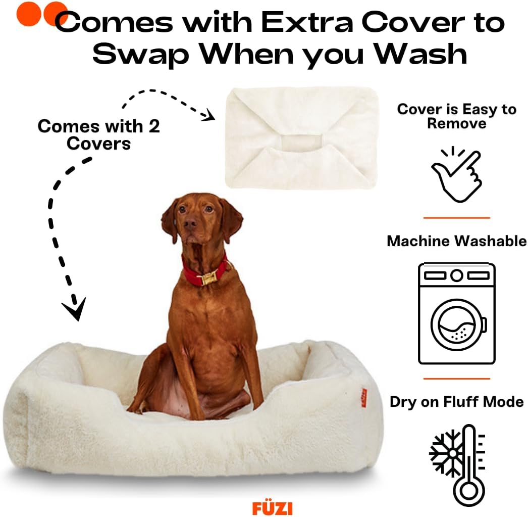 FUZI Luxury Aesthetic Dog Bed with Extra Cover for Medium Dogs, Washable Pet Couch, Pet Bed with Sides, Non-Slip Bottom, Soft & Durable Calming Dog Bed, Faux Fur, Medium 31.75x23.6x9.5 Soft White