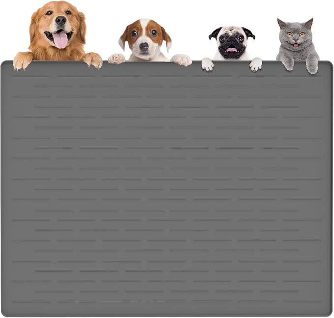 Largest Dog Food Mat, 48"x32" Silicone Dog and Cat Mat for Food and Water Bowls, Thinken Waterproof Non-Slip XXXL Pet Feeding Mat for Floors (Dark Gray)