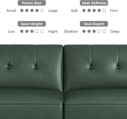 89” Futon Sofa Bed,Futon Couch Bed with 2 Square Pillows,Convertible Sleeper Sofa with Adjustable Backrest& Armrests, Modern Loveseat Sleeper for Living Room, Bedroom,Faux Leather Green