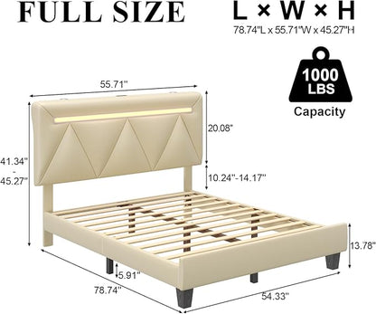 Full Size Bed Frame with Bluetooth Speaker, LED Lights and Charging Station, Faux Leather Linen Fabric Adjustable Headboard,Modern Upholstered Bed, Wood Slat Support, Easy Assemble, Beige