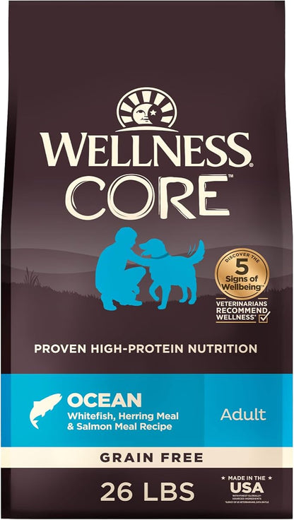 Wellness CORE Dry Dog Food, Grain-Free, High Protein, Natural, Ocean Whitefish, Herring, & Salmon Recipe, (26-Pound Bag)