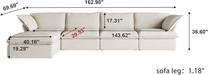 162.98" Cloud Modular Sectional Sofa, L Shaped Couch, Minimalist Wide Deep Seat Couches with Chaise Ottoman,Cushion Covers Removable(Beige)
