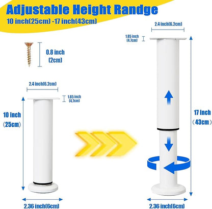 Olldag 4 Pcs Adjustable Height Bed Support Furniture Legs [with Screws] for Bed Frame,Metal Adjustable 10-17 inch for Bed/Sofa/Cabinet/Couch/Dresser/Table -Heavy Bed Replacement Legs (White)