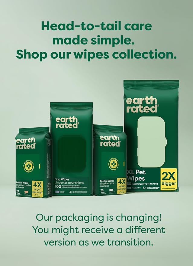 Earth Rated Pet Wipes for Dogs and Cats, Hypoallergenic, 3-in-1 Cleaning