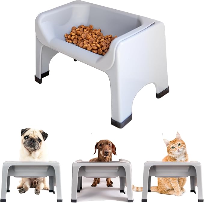 Fluff Trough Elevated Dog Bowl for Food | 5inch Tall Cat & Dog Feeding Station | Vet Approved Non-Toxic Silicone Feeder Bowl Insert | Raised Bowl for Medium and Small Dog/Pet with Flat Face (Gray)