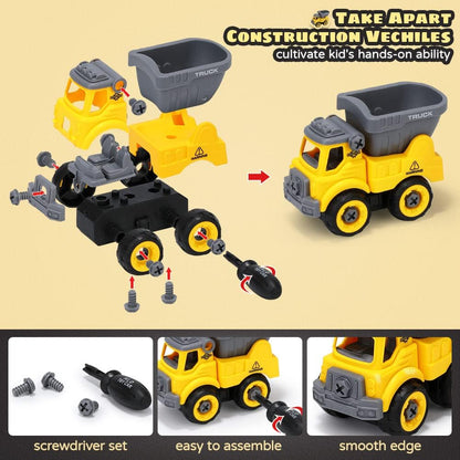 OENUX Play Sand Construction Set, Beach Building Castle Kit w/ 2.2lbs Play Sand, 4 Take Apart Construction Trucks Toys and Signs, Sensory Sandbox with Cover for Boy Girl Kid Toddlers Age 3-8