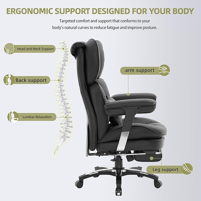 Efomao Big and Tall Office Chair with Footrest – High Back Computer Chair with Adjustable Armrests，Executive Office Chair with Wide Seat, Modern Desk Chair for Home Office, Gaming, or Study, Black