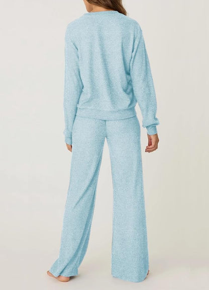 Aamikast Women's 2-Piece Lounge Set Soft Brushed Jersey Sleepwear Pajamas Set Long Sleeve Top & Wide Leg Pants