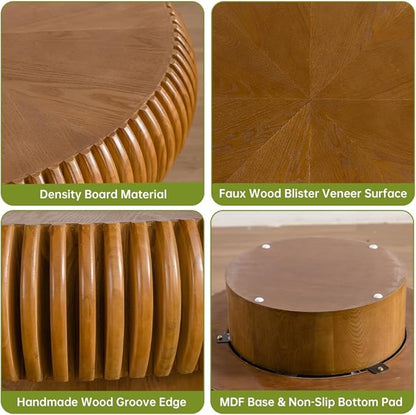 Brown Round Coffee Table for Living Room Round Fluted Drum Coffee Table Modern Fluted Coffee Tables for Living Room (Brown, 39.3 inch)