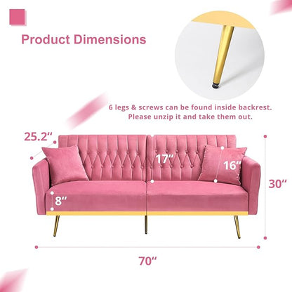 70” Velvet Futon Sofa Bed with 2 Pillows and Adjustable Armrests, Convertible Sleeper Bed, Modern Loveseat for Living Room, Bedroom, Pink