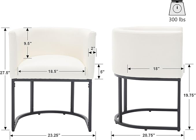 VESCASA Faux Leather Upholstered Dining Chairs with Barrel Back, Modern Padded Restaurant Chairs with Black Metal Frame for Kitchen, Dining Room, Set of 2, White