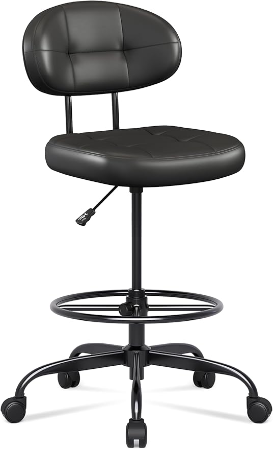 Misolant Drafting Chair Without Arms, Tall Office Chair with Footrest Ring for Standing Desk, Small Faux Leather Executive Office Chair with Adjustable Height for Bar Lab Counter Height Desk, Black