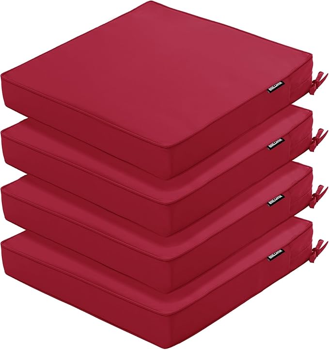 Outdoor Chair Cushions 18.5x16 Inch Waterproof Patio Chair Cushions with Tie 5 Year Color Fastness Thick Outdoor Seat Cushion for Patio Furniture Burgundy Set of 4