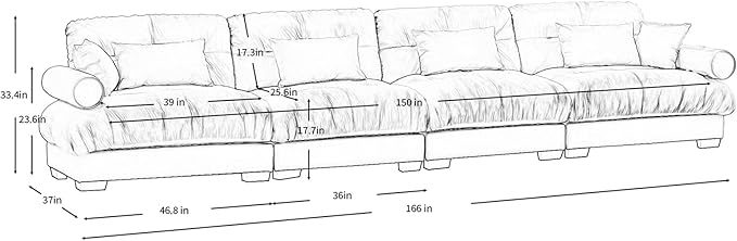 166" Oversized Couch, 4 Seater Modular Sectional Sofa, Beige White Large Sectional Couches for Living Room, Fluffy Couch Set, 4 Seater Velvet Cloud Couches with 6 Pillows, Deep Seat for Living Room