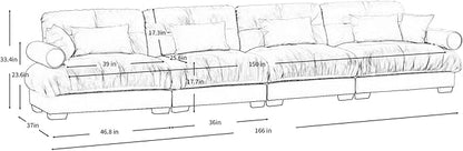 166" Oversized Couch, 4 Seater Modular Sectional Sofa, Beige White Large Sectional Couches for Living Room, Fluffy Couch Set, 4 Seater Velvet Cloud Couches with 6 Pillows, Deep Seat for Living Room